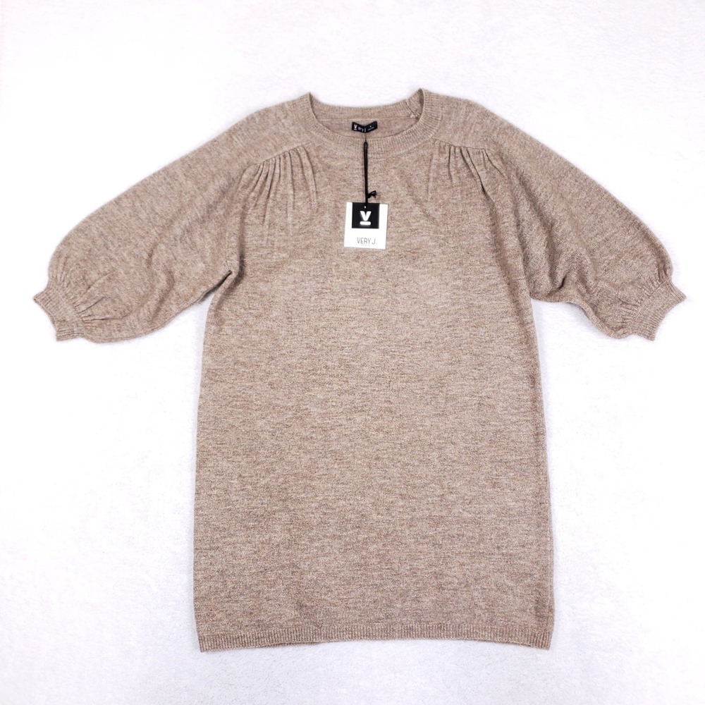 Very‎ J Knit Sweater Dress Womens M Chilly Times Balloon Sleeve Mocha Cozy Tunic
